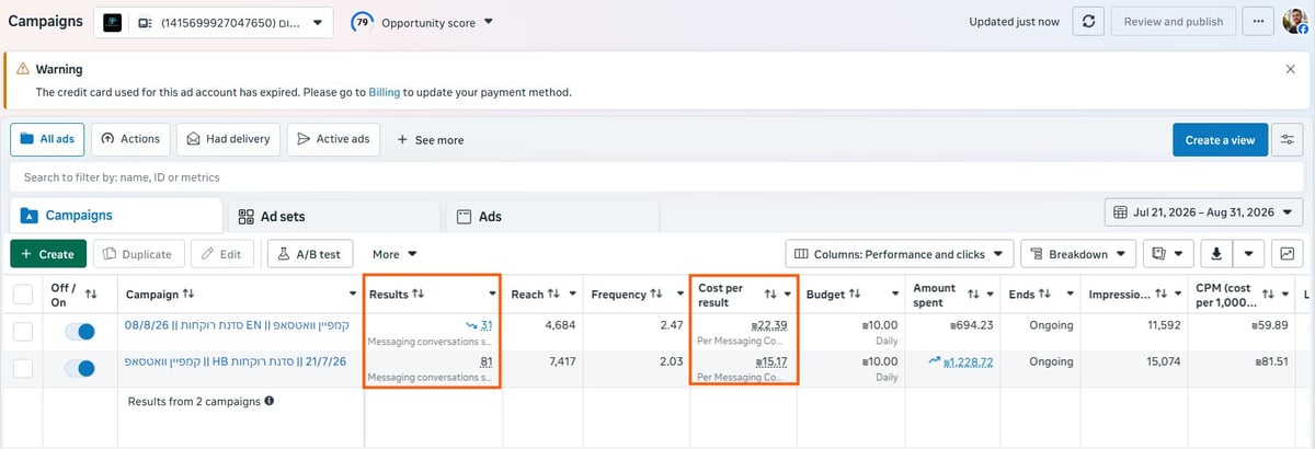 Google Ads campaign management interface showing ad performance metrics and conversion data in a table format