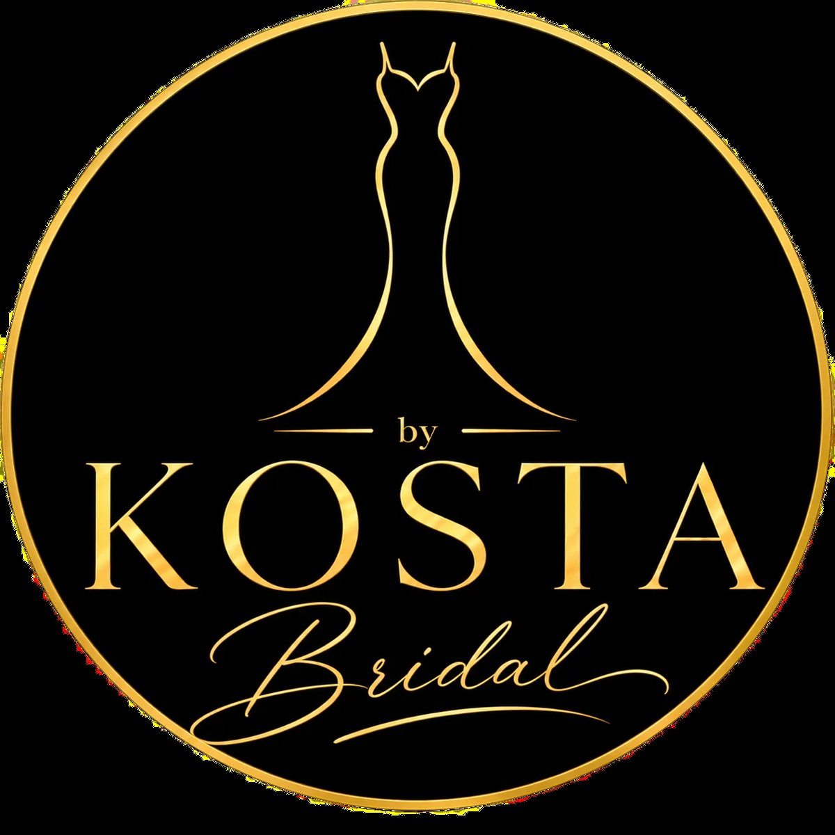 לוגו KOSTA Bridal — שמלת כלה זהובה בתוך עיגול שחור עם מסגרת זהב