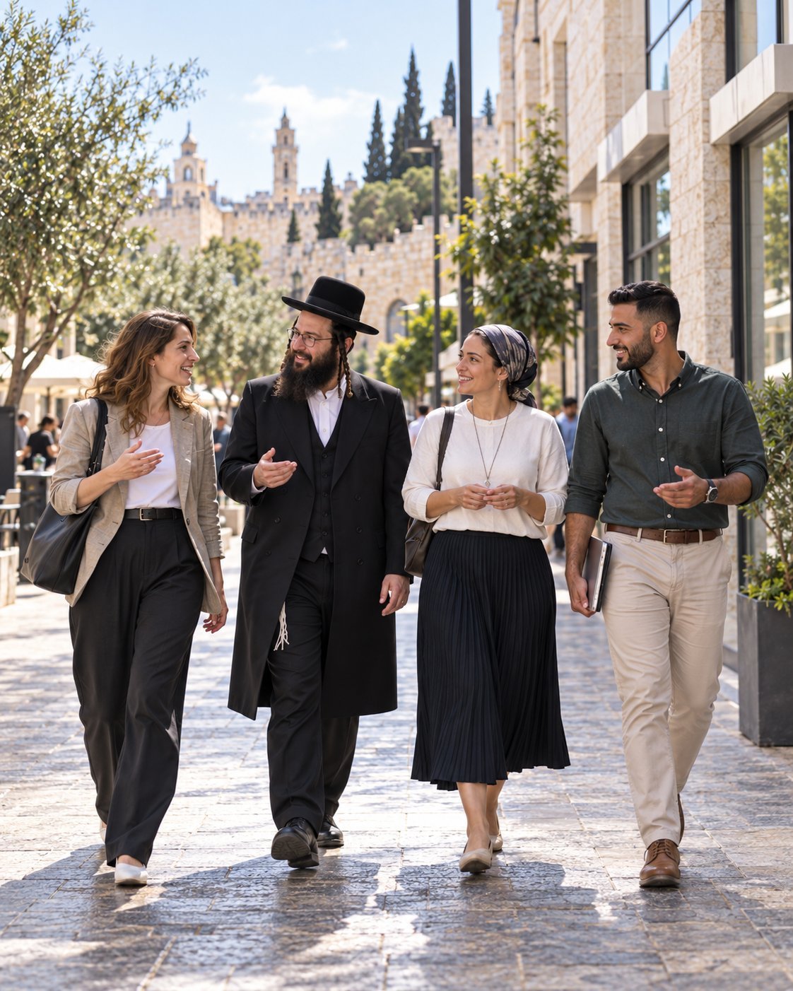 ארבעה אנשים מקהלים שונים בירושלים הולכים יחד ברחוב העיר העתיקה – משרד פרסום בירושלים PIRSUMIX
