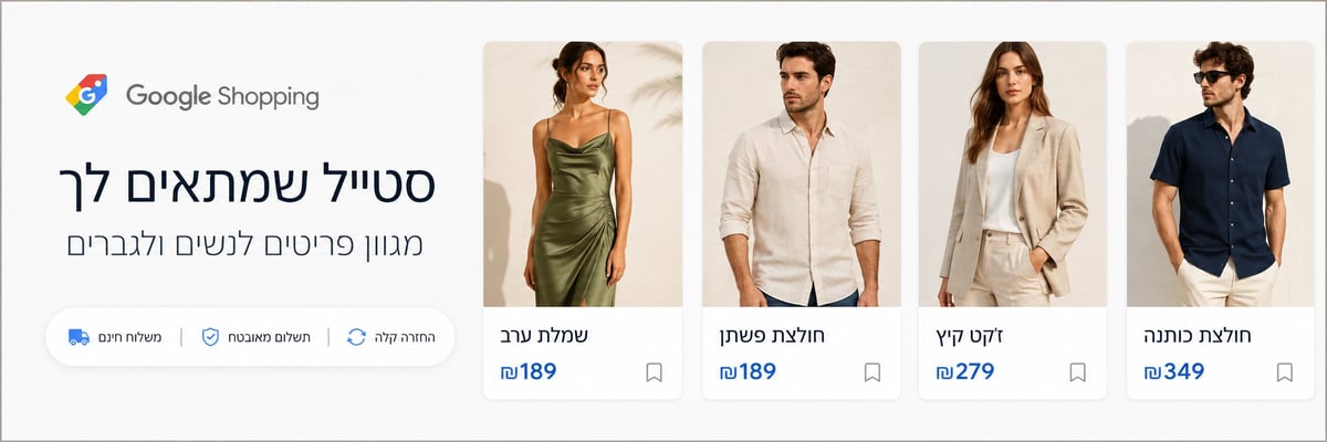 קמפיין Google Shopping עם מודעות מוצרי אופנה ומחירים