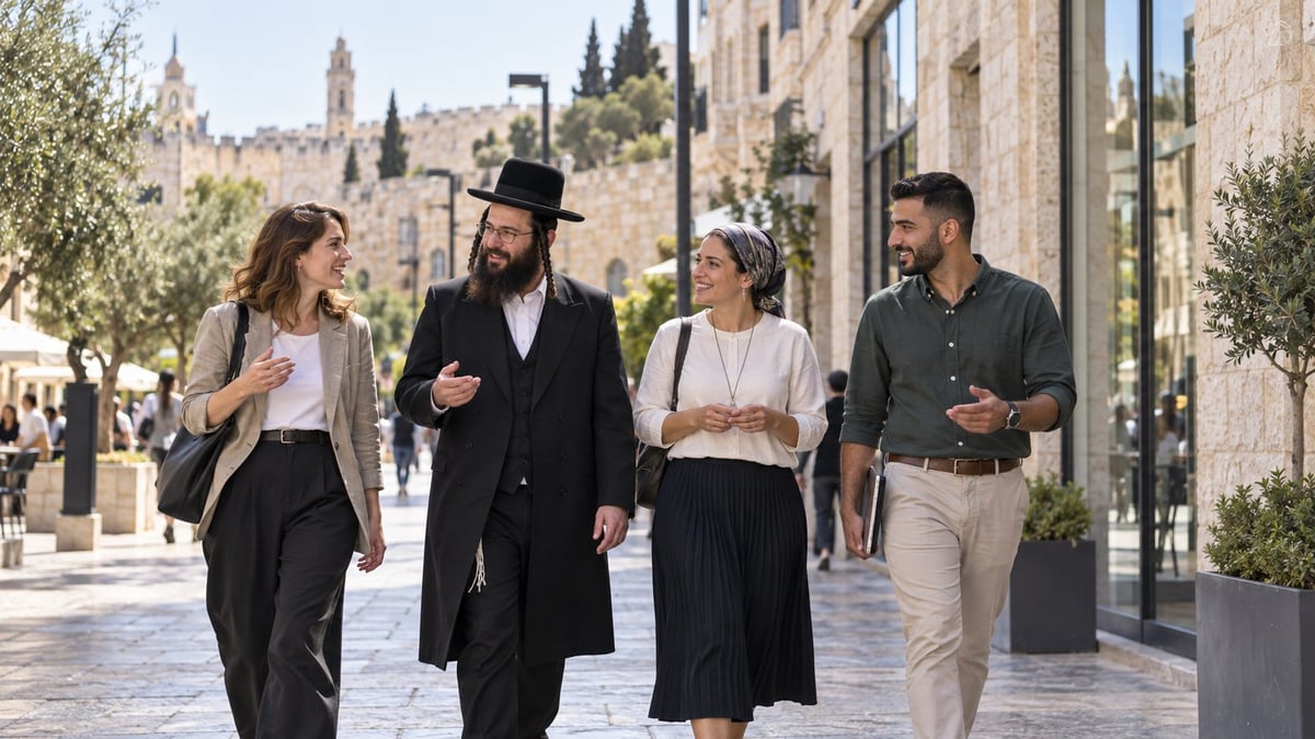 ארבעה אנשים מקהלים שונים בירושלים הולכים יחד ברחוב העיר העתיקה – משרד פרסום בירושלים פרסומיקס