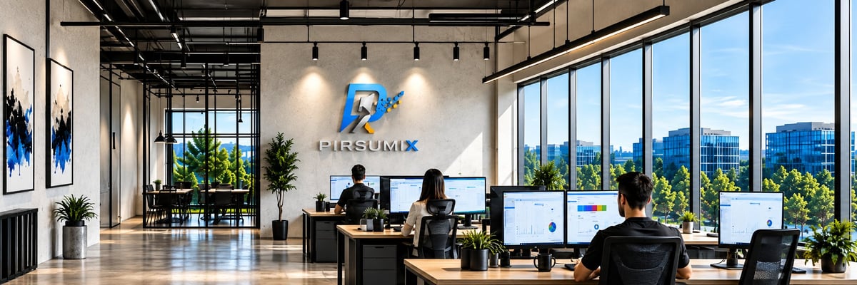 משרד PIRSUMIX — אזור קבלה מודרני עם חלונות מהרצפה עד התקרה, לוגו החברה על הקיר וצוות עובדים מול מסכים
